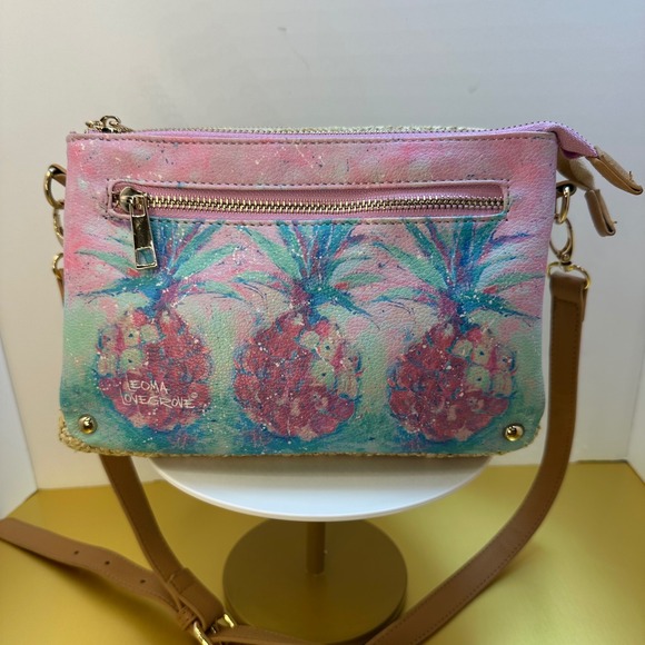Leoma Lovegrove Pineapple Crossbody Bag Straw Faux Leather Tropical Pink Blue - Picture 3 of 13